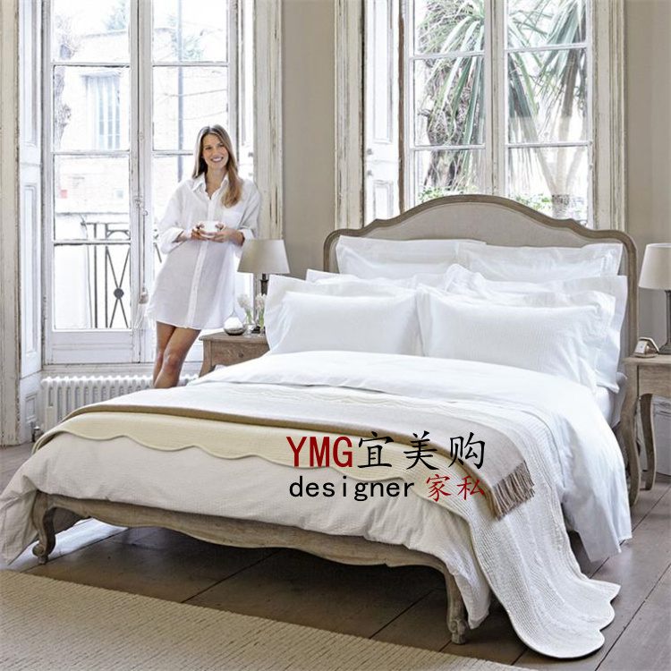 美式法式乡村实木床复古做旧方床北欧田园布艺麻布双人1.8米婚床