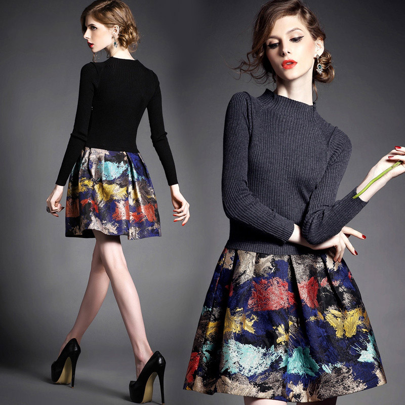 2015秋款套装裙新款潮欧美针织假两件套拼接修身毛衣长袖连衣裙子