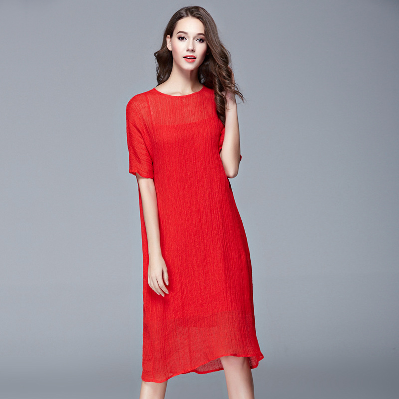 欧洲站2015夏裙新款女装欧美大牌红色薄款棉麻连衣裙中长款A字裙