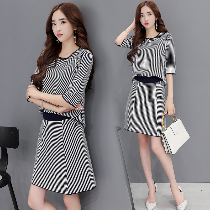 2016新款秋装毛衣套装女两件套套裙时尚潮流显瘦韩版个性条纹中袖