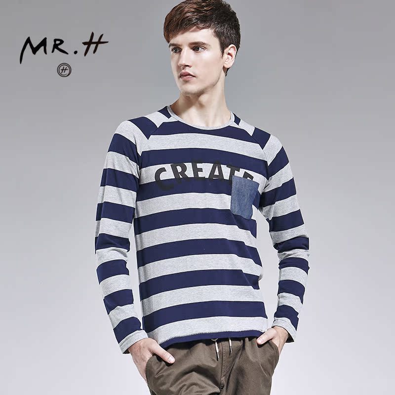 MR．H设计师原创男士个性字母印花条纹T恤 纯棉长袖t恤圆领 男