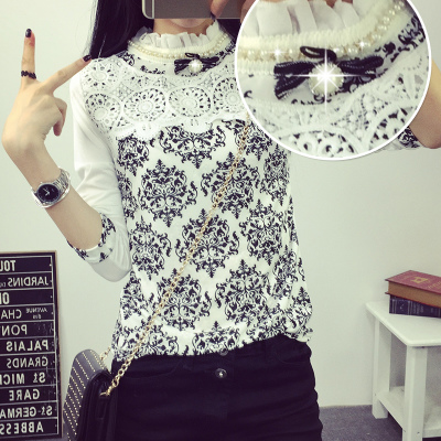 2015秋装韩版打底衫女长袖t恤女上衣修身大码学生显瘦蕾丝印花潮
