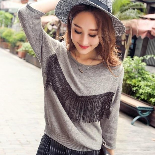 2015韩版秋季新款流苏女装针织衫套头衫宽松大码短款毛衣针织衫