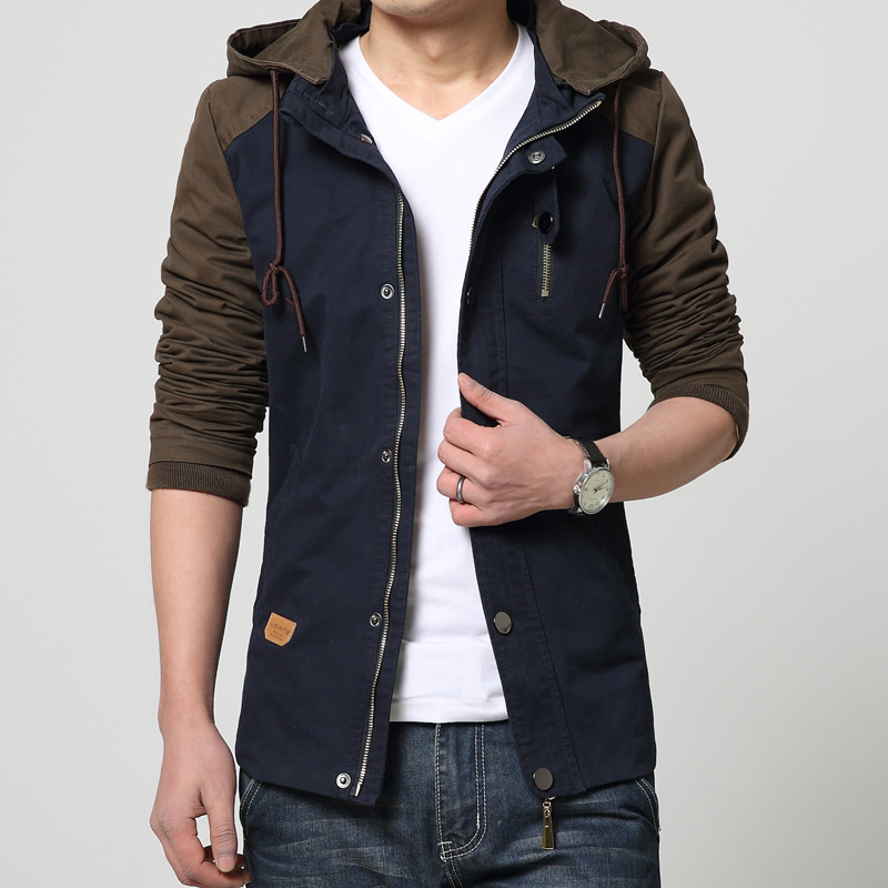 2015春秋装新款韩版修身男装拼色潮jacket夹克薄男士外套可脱卸帽