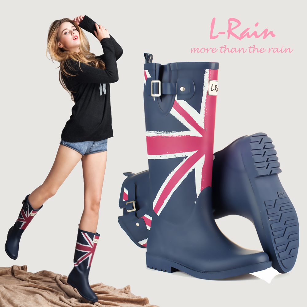 L-Rain春夏新款高筒英伦米字旗做旧经典橡胶女雨鞋/雨靴/水鞋