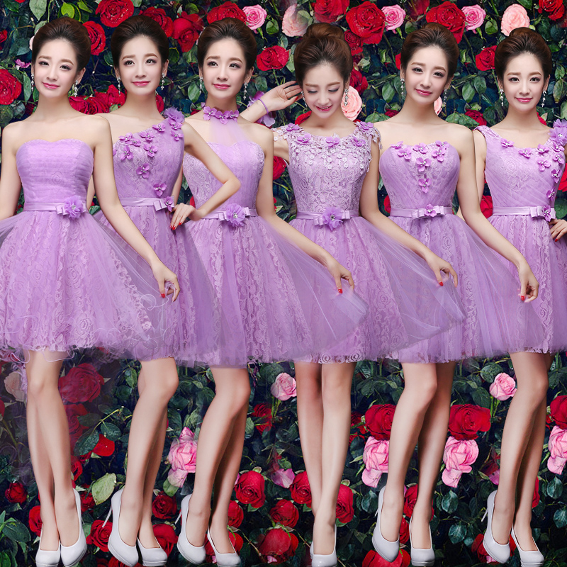 伴娘服姐妹裙2016新款夏季韩式姐妹团连衣裙毕业小礼服紫色短款