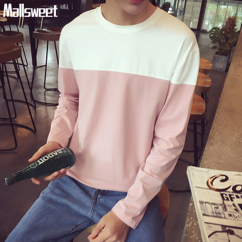 韩版修身男士拼接青少年学生长袖体恤衫时尚文艺范薄秋装上衣T恤