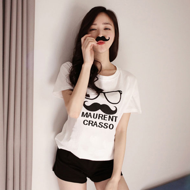 韩版女短袖T恤衫眼镜胡子印花休闲百搭少女装宽松时尚