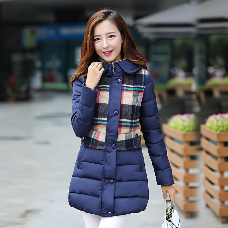 女装 2015冬季新款韩版拼色时尚休闲连帽中长款羽绒服女