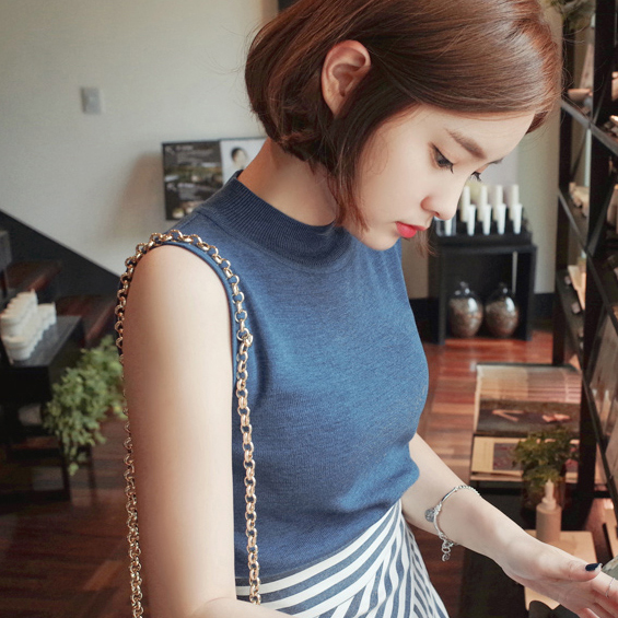 2015韩版夏季薄款女士半高领针织无袖上衣纯色修身背心白色针织衫
