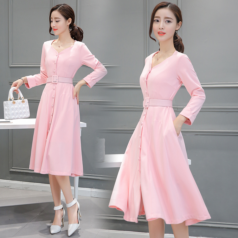 2016新款女装秋装韩版修身收腰粉色中长款连衣裙女长裙高腰长袖裙