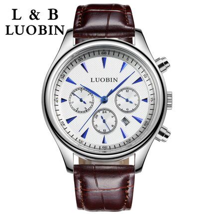 罗宾手表男士多功能六针石英皮带手表商务休闲精钢防水腕表