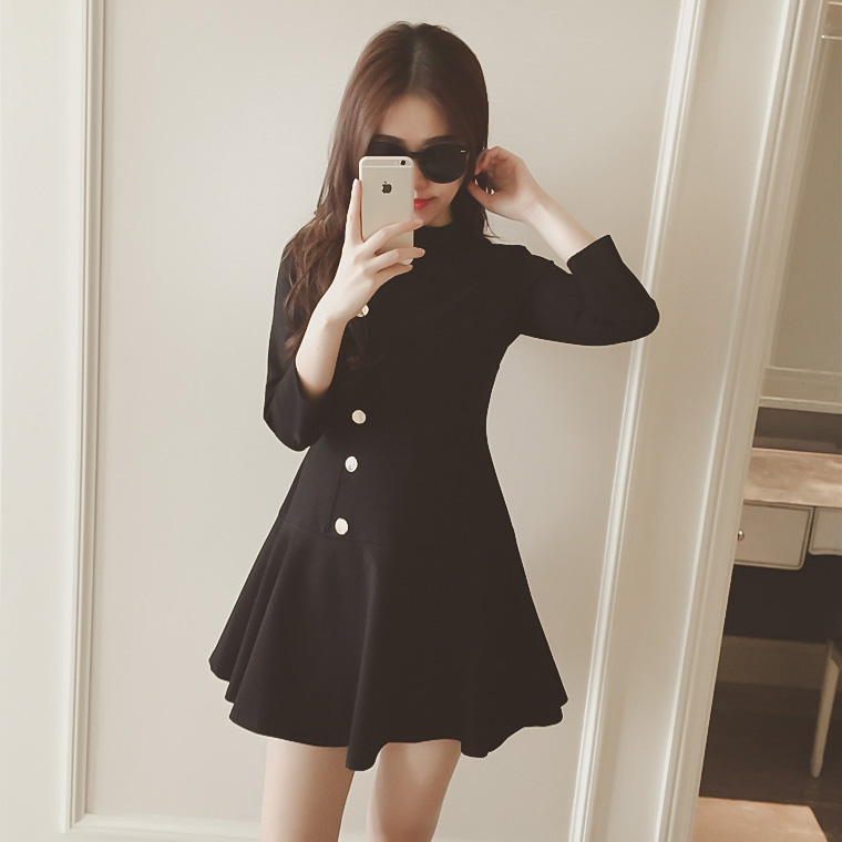 冬装新款韩版欧美时尚气质单排扣七分袖修身显瘦黑色A字裙连衣裙
