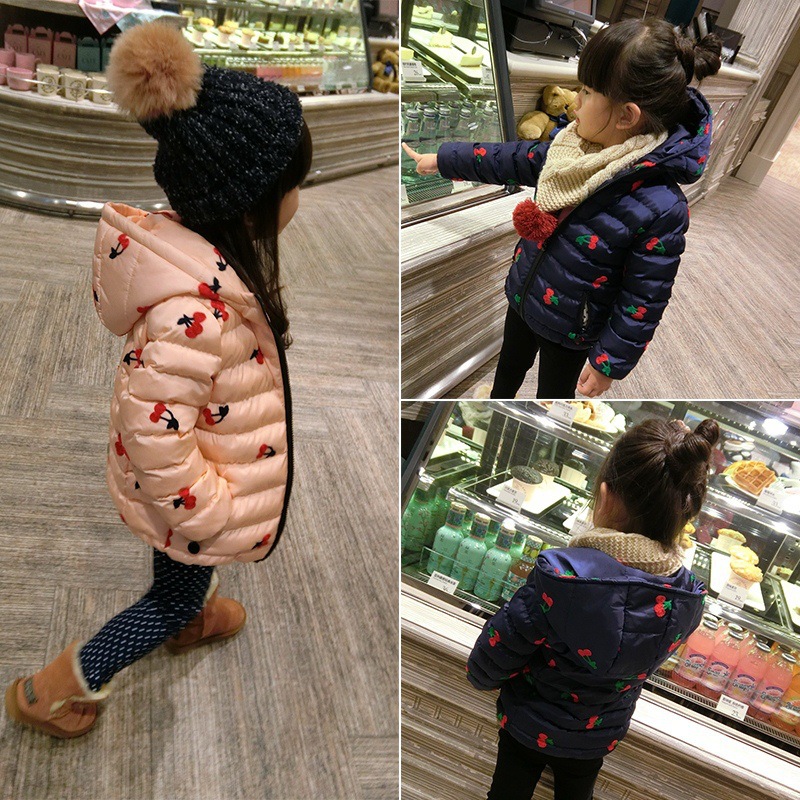 2015冬装女童韩版刺绣樱桃加厚棉衣儿童带帽棉服 年服