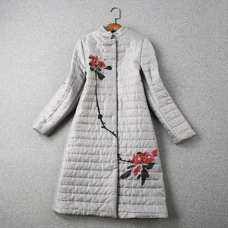 2015冬季新款女装中国风复古水彩印花立领宽松长袖长款棉服