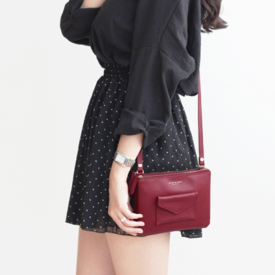 韩国iconic小清新单肩包 女时尚双拉链小斜挎包 随身软皮小包包