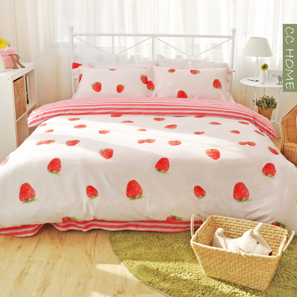 西西之地时尚家纺韩版公主床品全棉四件套斜纹可爱草莓水果床单式