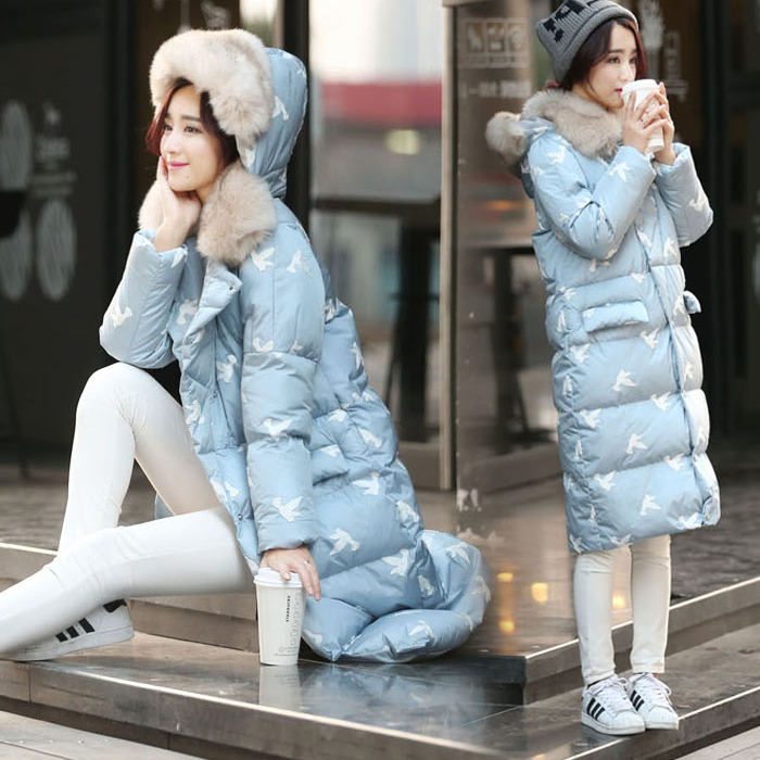 爆款2015冬装韩版新款印花棉衣女中长款修身气质毛领加厚棉袄学生