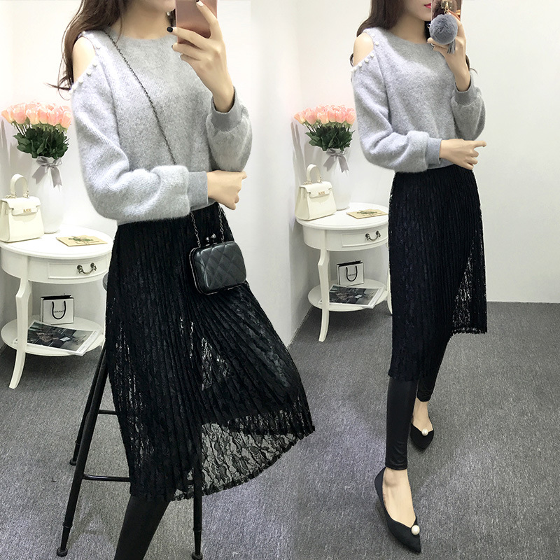 韩国代购2016春季新款女装小香风中长款蕾丝打底毛衣连衣裙两件套
