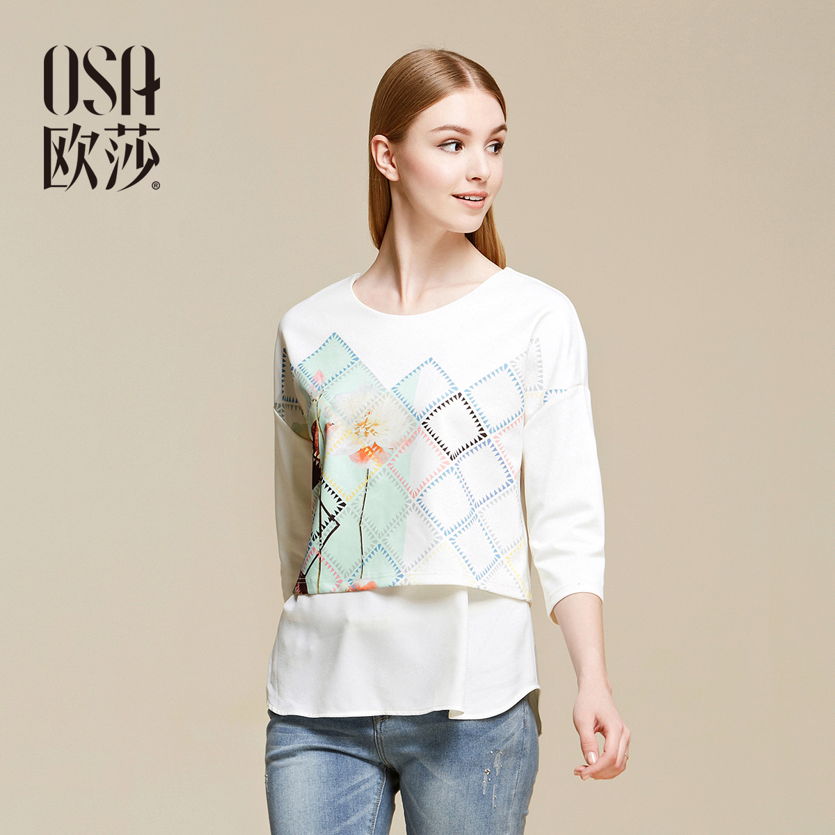 OSA欧莎2015秋季新品女上衣 七分袖菱格花朵印花假两件圆领T恤衫