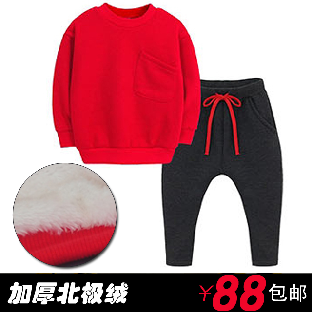 童装男童套装冬装加绒加厚女童儿童运动套装红色套装冬北极绒卫衣
