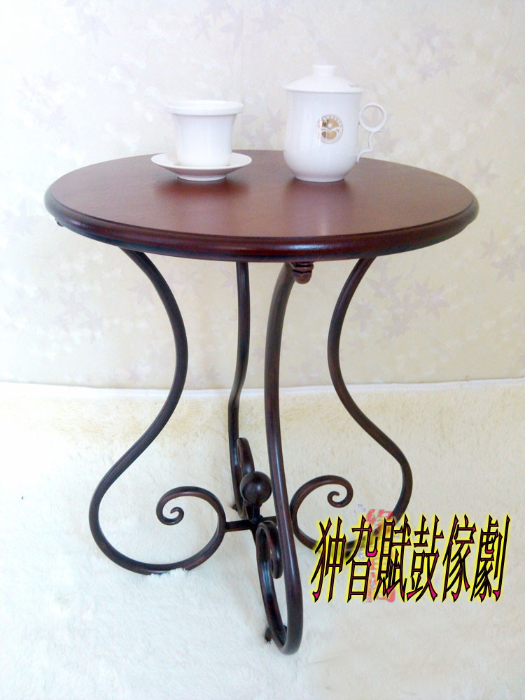 欧式铁艺咖啡小圆桌 铁艺茶几圆形 实木茶几loft咖啡桌 置物架