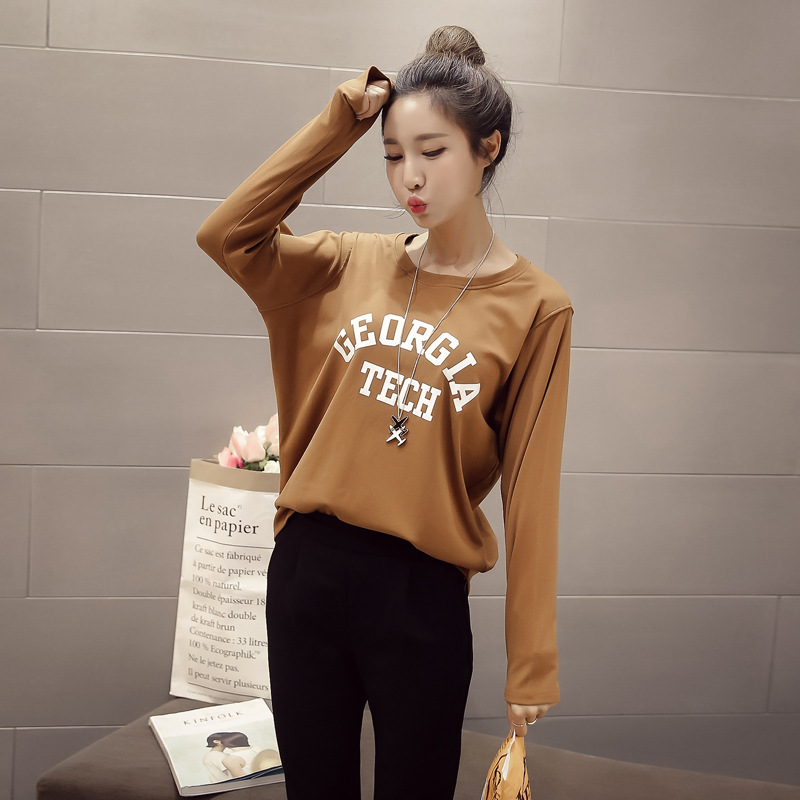 2016秋装新款上衣韩版宽松字母加厚长袖圆领纯色打底衫T恤女T1001