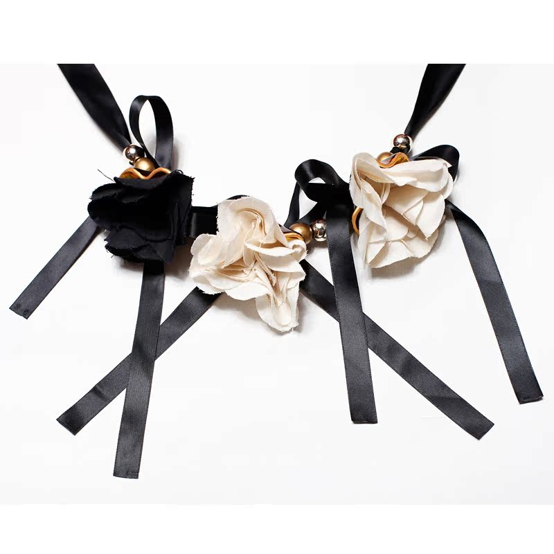 如是说 黑白花卉 立体手工装饰 缎带系带挂坠项链