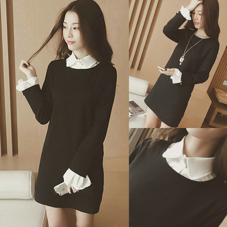 2015秋装新款 韩版女装黑白撞色假领长袖连衣裙