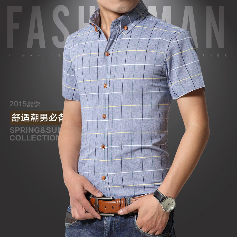 2015夏装新款男士短袖衬衫格子商务休闲韩版修身夏季衬衣免烫 潮