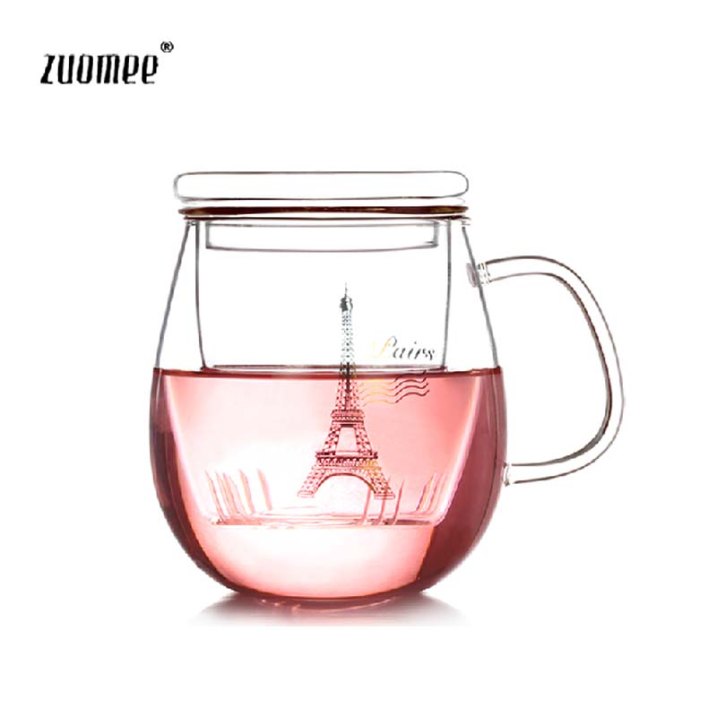 zuomee 加厚玻璃杯 带盖过滤茶漏花茶杯 玻璃茶杯水杯 玲珑三件杯