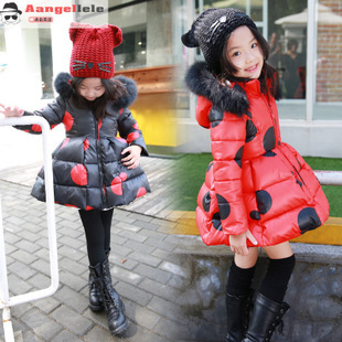 提米2015冬款韩版女童装圆点长款棉衣裙摆式棉服儿童加厚棉外套