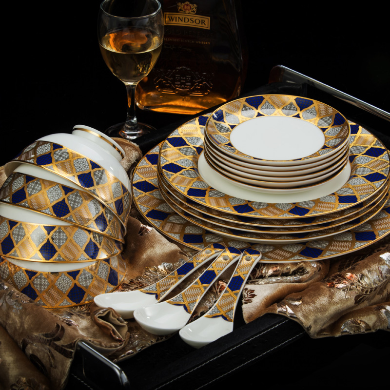 现代奢华格纹浮雕金 58头优质骨瓷餐具 创意高脚碗盘碟套装格调
