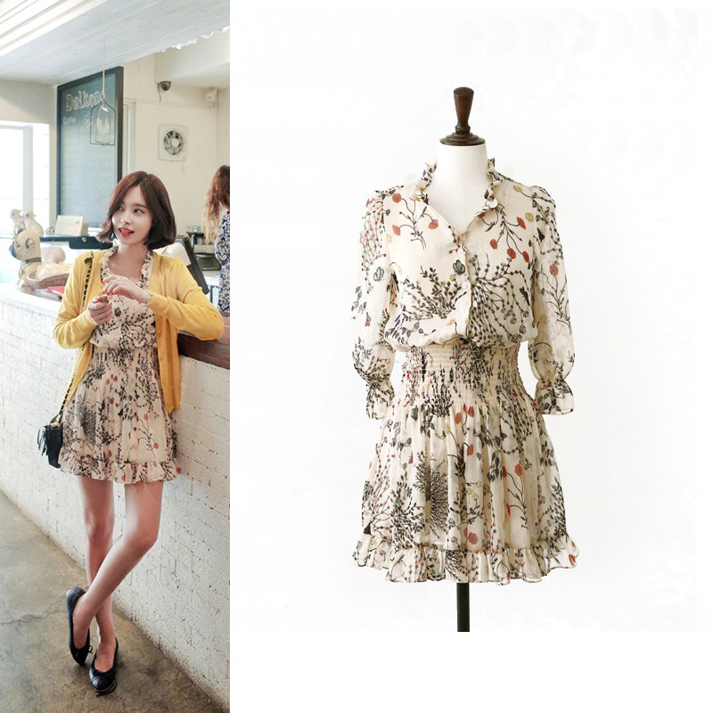 T3287 2016夏季新款韩国东大门代购女装时尚植物印花收腰连衣裙