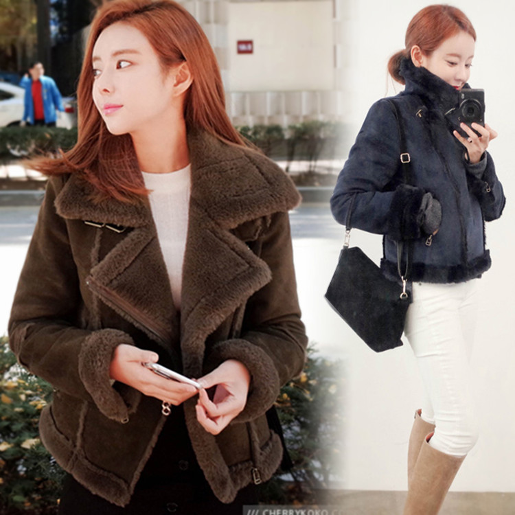 冬季韩国短款麂皮绒皮毛一体女加厚保暖外套修身机车服鹿皮绒外衣