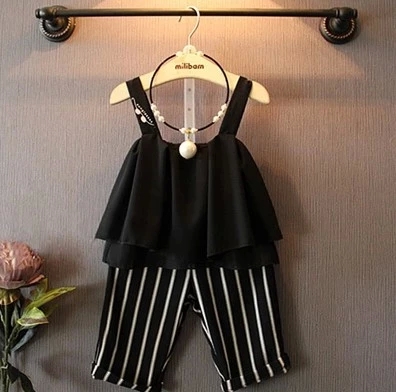 童装新款2015夏女童个性潮范儿层层雪纺吊带+条纹5分裤套装