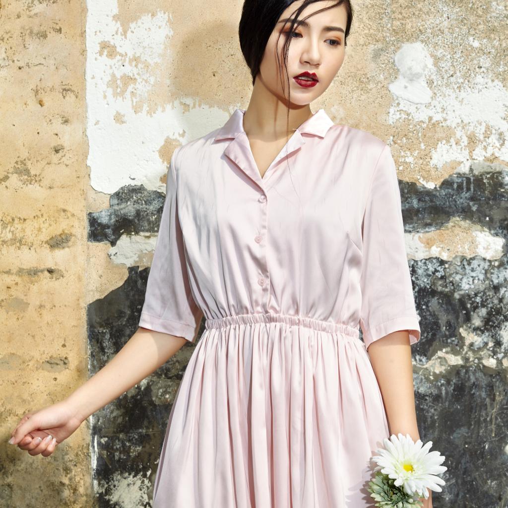 约会DaTe 原创设计女装2015夏季仿真丝西装领纯色女款连衣裙长裙