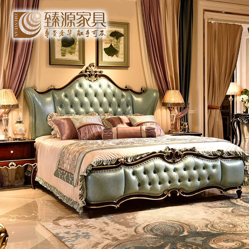 欧式双人床1.8米法式实木床结婚大卧室成套家具新古典蓝色软包床