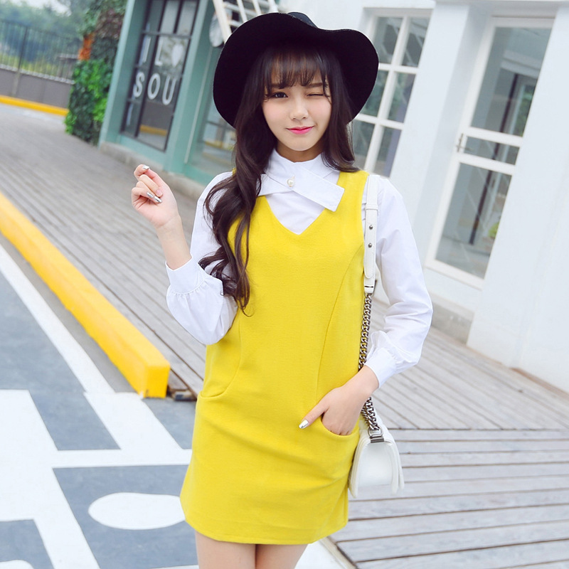 2015秋季新品韩国女装 白色立领衬衫+毛呢背心连衣裙两件套