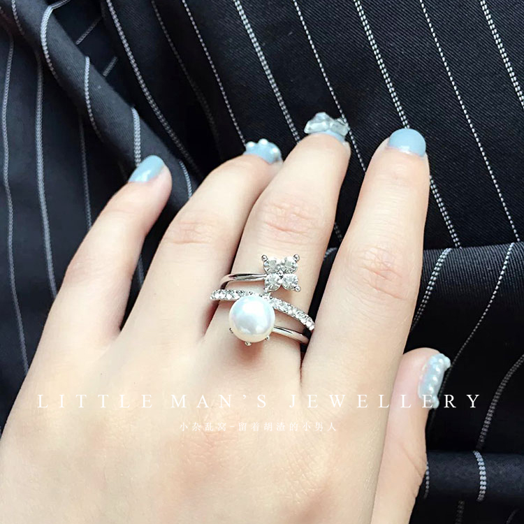 欧美时尚复古气质高贵大气珍珠镶钻性感夜店个性夸张大戒指双指环