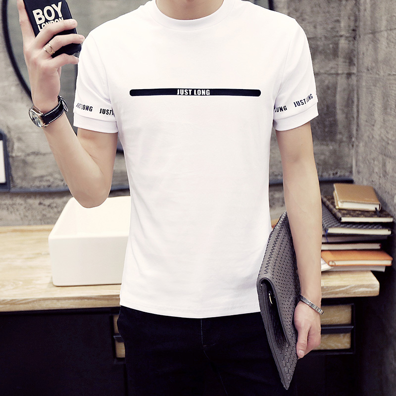 夏季男士圆领套头刺绣短袖T恤青少年韩版修身休闲白色T恤潮打底衫