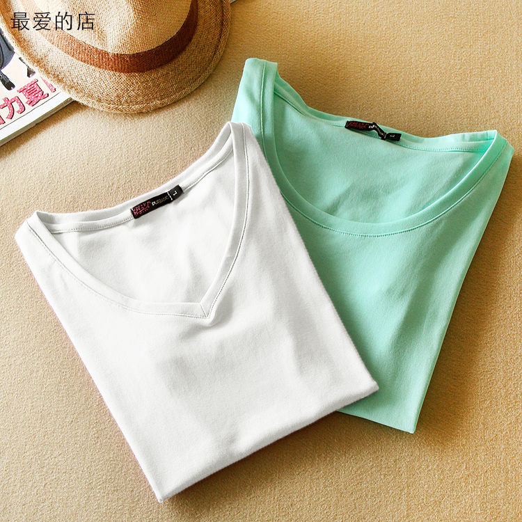 2015夏季新款品质修身短T恤精梳纯棉圆领/V领半袖短袖纯色简约女
