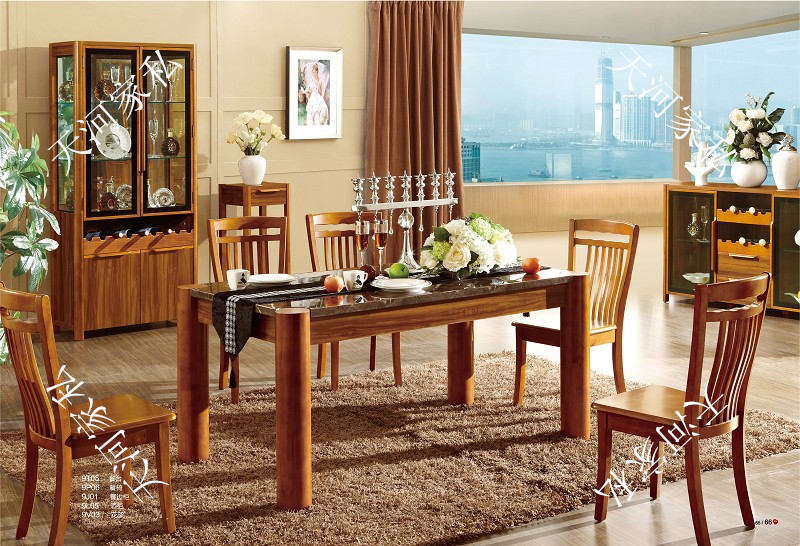 柚木家具/板木结合家具/大理石餐桌