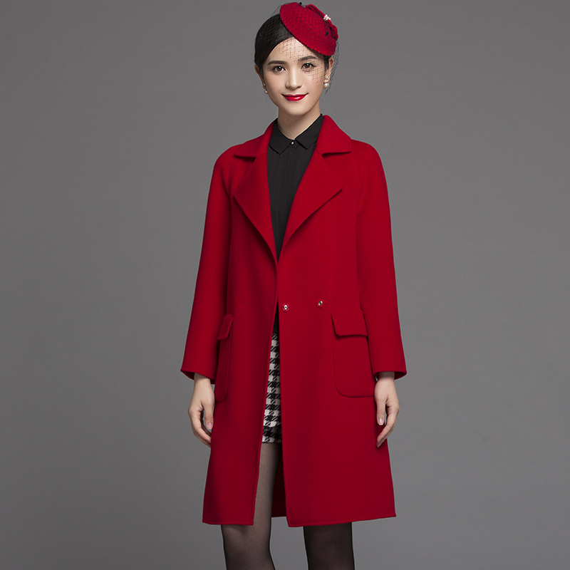 欧萱琪 2015秋冬季韩版新款翻领毛呢外套中长款双面羊绒大衣红色