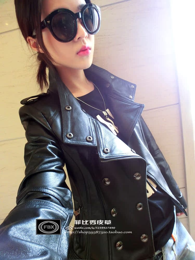 菲比秀海宁2014新款女时尚韩版短款双排扣进口羊皮皮衣皮衣外套