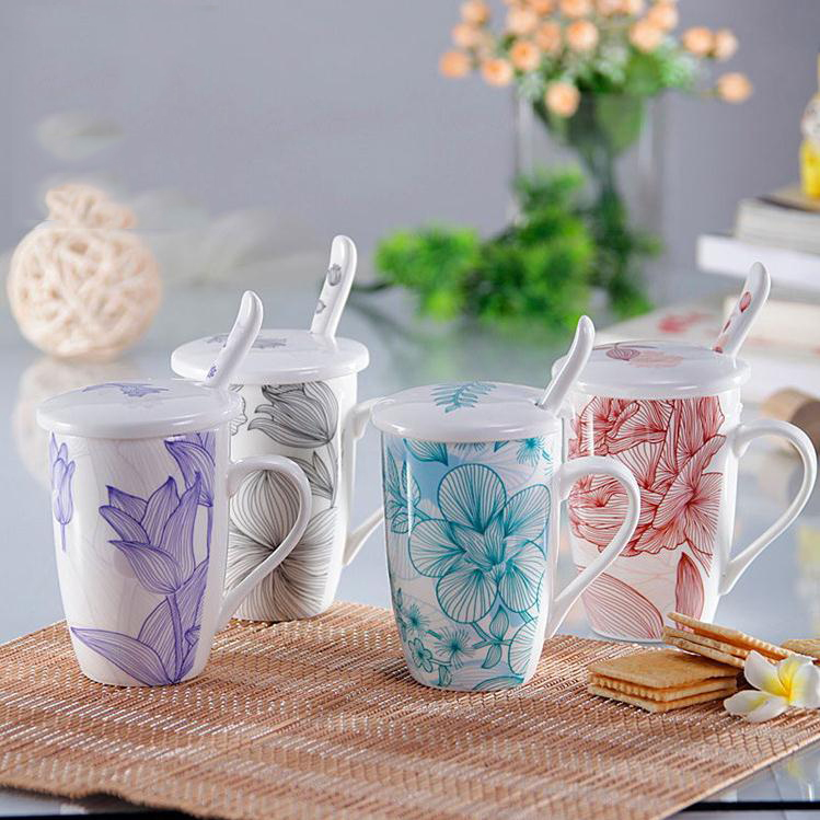 2015款 陶瓷杯 马克杯 带盖带勺 国花系列创意V杯子  包邮可定制