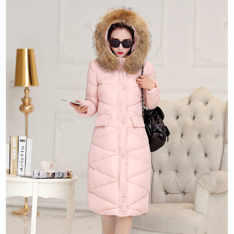 2015新款冬季女装加长款棉服 女式直筒长袖毛领时尚外套棉衣
