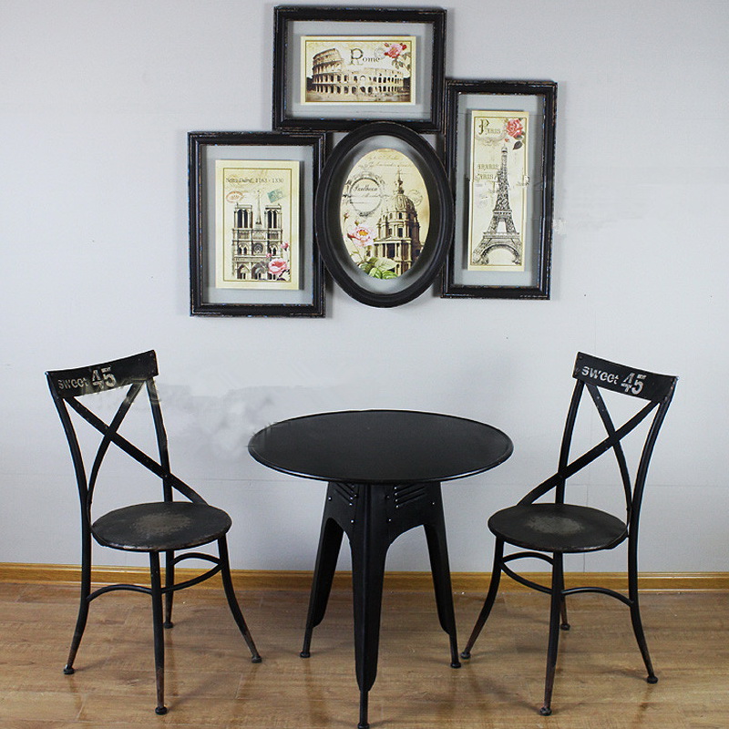 北欧 法式乡村家具 铁皮做旧叉背餐椅 铁艺餐桌椅 组合 复古桌椅
