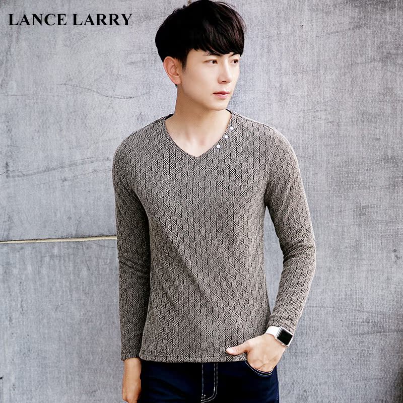 lancelarry2015韩版修身长袖T恤男装时尚镂空V领打底衫潮