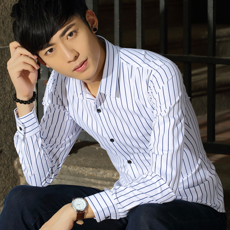 男士条纹长袖衬衫2015秋季新款韩版修身青少年休闲学生潮男衬衣